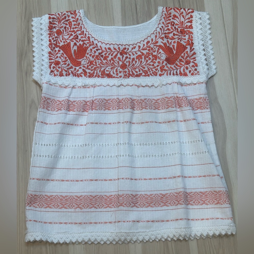 Red/White Huipil Embroidered Hand Woven Boho Short Sleeve Top Shirt Blouse S/M